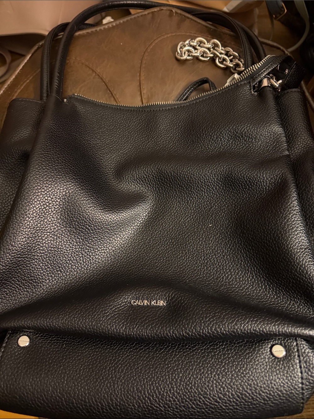Calvin Klein Black Pebbled Leather Tote with Silver Hardware